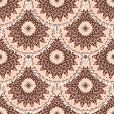 Mandalas kusursuz desen. Süslü çiçek arkaplanı. Renkli vektör arkaplanını tekrarla. Klasik yuvarlak Yunan tarzı, çiçekli, kıvrımlı, çerçeveli, daireli süslemeler. Güzel dekoratif tasarım.