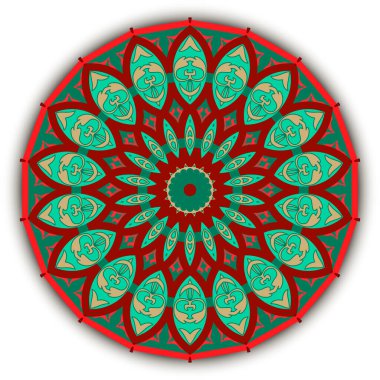 Arabesk mandala deseni. Süslü çiçek arkaplanı. Renkli vektör arkaplanını tekrarla. Kabile tarzı, çiçek ve dairelerle süslenmiş klasik, yuvarlak kabile tarzı süsler. Süslü, zarif bir tasarım. Rosette..