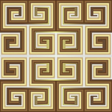 3D altın pürüzsüz desen. Vektör desenli Yunan arka planı. Yüzey eski arkaplanı tekrarlıyor. Modern lüks 3D süsler. Dekoratif altın tasarım Yunan anahtarı, avare, gölgeler, röfle.