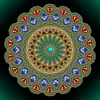 Yuvarlak mandala deseni. Etnik çiçek geçmişi var. Renkli vektör arkaplanı. Çiçekli eski süsler, daireler, şekiller, düğmeler. Rosette. Arabesk tarzı tasarım. Kumaş, duvar kâğıtları, baskılar için.