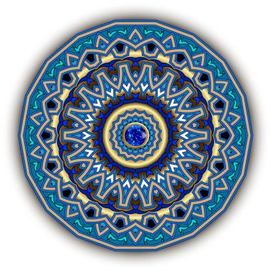 Yuvarlak mandala deseni. Mücevher çiçeği arkaplanı. Renkli vektör arkaplanı. Altın çiçekli klasik süsler, mavi safir değerli taşlar. Rosette. Arabesk tarzı dekoratif dekoratif tasarım.