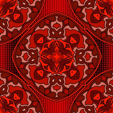Arabesk kusursuz desen. Yarım ton vektör arkaplanı. Kırmızı yarım ton, arkaplanı kareler. Çiçek arap tarzı süsler. Modern desenli tasarım. Süslü çiçekler, yapraklar, şekiller, çizgiler.