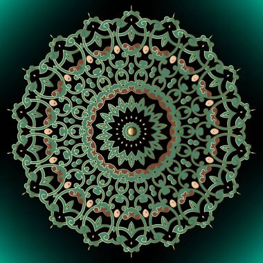 Yeşil mandala desenli Arabesk. Dantelli bir çiçek. Çiçek süsleme vektör arka planı. Etnik renkli arka plan. Daire şeklinde altın, parlak bir rozet. Arapça süsler. Dekoratif altın tasarım.