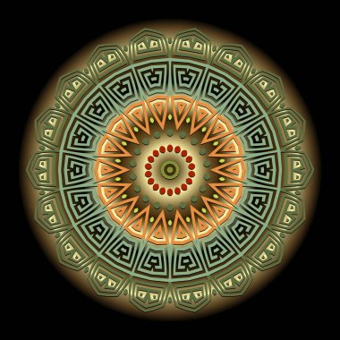 Yuvarlak renkli mandala deseni. Etnik Yunan tarzı süs geçmişi. Zikzak çizgileri ve şekilleri olan soyut altın çiçekleri çember içine alın. Yeşil sarı renkli modern dekoratif altın süs. Rosette..