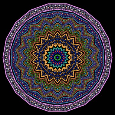 Etnik yuvarlak mandala deseni. Süslü çiçek arkaplanı. Parlak renkli kabile vektör arkaplanı. Rosette. Geometrik şekiller, zikzak çizgileri, kenarlar, çerçeve, daireler ile folklorik stil süslemesi.