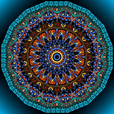 Etnik yuvarlak mandala deseni. Süslü çiçekli parlak arka plan. Parlak renkli vektör arkaplanı. Rosette. Geometrik şekilli Hint tarzı süsler, zikzak çizgileri, sınırlar, çerçeve, daireler.