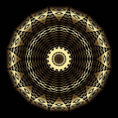 Soyut altın 3d mandala deseni. Süslü şebeke geçmişi. Dokulu dantel süs. Vektör modern fon. Soyut altın şekilli dekoratif yüzey dairesi tasarımı. Lüks tasarım.