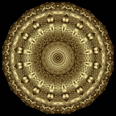 Altından desenli 3d mandala deseni. Süslü şebeke geçmişi. Çiçekli arabesk süsü. Vektör modern fon. Soyut altın şekilli dekoratif yüzey dairesi tasarımı. Lüks 3D tasarım.