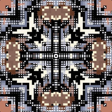 Kareler pürüzsüz desen. Mozaik renkli vektör arkaplanı. Dijital arkaplanı tekrar et. Modern yarım ton geometrik ızgara süslemeleri. Kare şekilli, soyut ekose desenli tasarım..