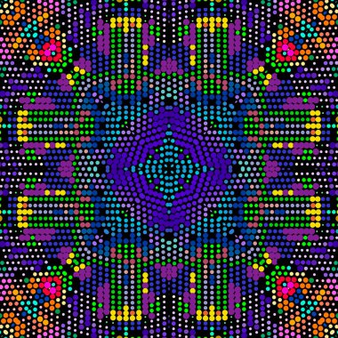 Yarım tonlu daireler çiziyor. Renkli vektör yarım ton arkaplan. Puantiyeli süsler. Radyal mozaik arkaplanı tekrarla. Geometrik soyut şekilleri ve daireleri olan modern süs desenli tasarım..