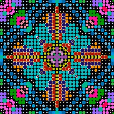 Yarım tonlu daireler çiziyor. Renkli vektör yarım ton arkaplan. Puantiyeli süsler. Çiçeksel mozaik arkaplanı tekrarla. Geometrik soyut şekilleri ve daireleri olan modern süs desenli tasarım..