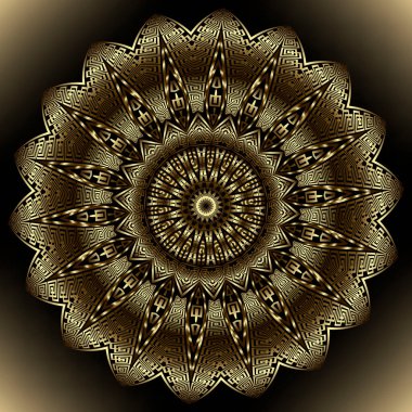 Altın 3D çiçek. Lüks, yuvarlak mandala deseni. Rosette. Vektör arkaplanı. Yüzey dekorasyonu Deco arkaplanı. Geometrik modern parlak süs. Dolambaçlı dekoratif desenli Yunan tarzı çiçek tasarımı.