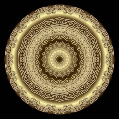 Altın 3D çiçek. Lüks, yuvarlak mandala deseni. Rosette. Vektör arkaplanı. Yüzey dekorasyonu Deco arkaplanı. Geometrik modern parlak süs. Dolambaçlı dekoratif desenli Yunan tarzı çiçek tasarımı.