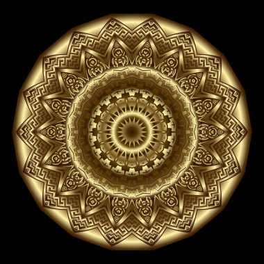 Altın 3D çiçek. Lüks, yuvarlak mandala deseni. Rosette. Vektör arkaplanı. Yüzey dekorasyonu Deco arkaplanı. Geometrik modern parlak süs. Dolambaçlı dekoratif desenli Yunan tarzı çiçek tasarımı.