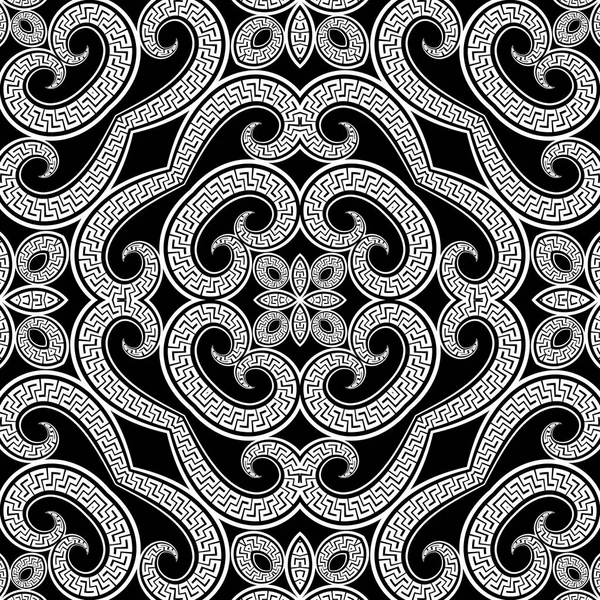 Floral Motif Sans Couture Grec Noir Blanc Fond Vectoriel Arabesque — Image vectorielle