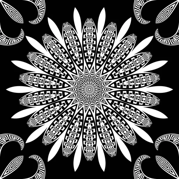 Schwarz Weißes Florales Nahtloses Muster Vektor Blumen Hintergrund Wiederholungskulisse Griechischen — Stockvektor