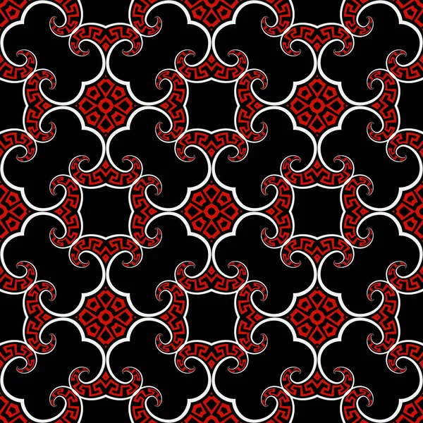 Floral Schwarz Weiß Rot Griechisches Nahtloses Muster Vektor Ornamentaler Hintergrund — Stockvektor