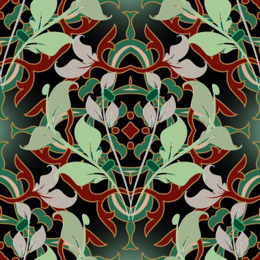 Yapraklı çiçekli arabesk deseni. Renkli parlak vektör arkaplanı. Dekoratif Arapça arkaplanı tekrarla. Eski süsler. Güzel çiçekler, yapraklar, çizgiler, şekiller. Lüks tasarım.