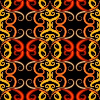 Arabesk 3 boyutlu kusursuz desen. Süslü Arap tarzı arka plan. Lüks arka plan tekrarlanıyor. Klasik el çizimi çiçekler, girdaplar, çizgiler. Renkli desenli tasarım. Yüzey sonu olmayan dokusu.