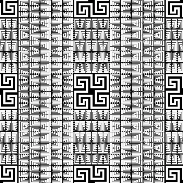 Geometrikus Vonalak Zökkenőmentes Minta Görög Etnikai Stílus Fekete Fehér Háttér — Stock Vector