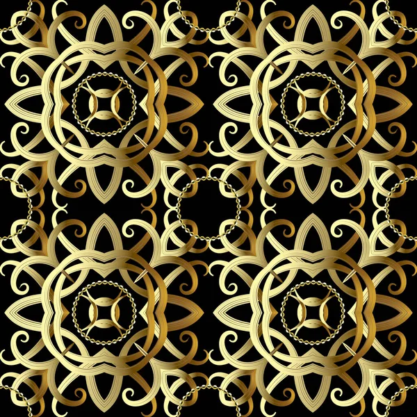 花金3Dシームレスパターン ベクトル装飾の背景 贅沢な繰り返しの背景 ヴィンテージ手描きの花 ライン 華やかな黄金のデザインを織り込みました 表面装飾品 無限のテクスチャ — ストックベクタ