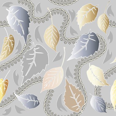 Yapraklı vektör pürüzsüz desen. Gri süslemeli arka plan. Dekoratif arka plan. Renkli uçan yapraklar ve ip süsü. Duvar kağıtları, kumaş, baskılar, tekstil için modern dekoratif tasarım.