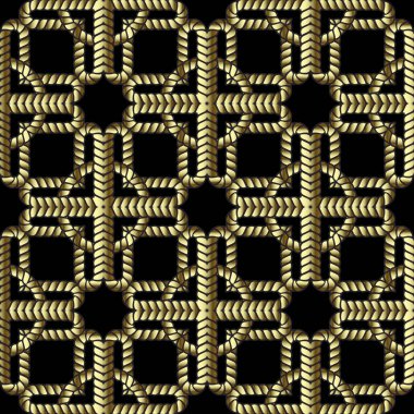Altın ipler 3 boyutlu kusursuz desen. Vektör süsleme arka planı. Karmaşık soyut süslemeleri tekrar et. Yüzey halatları, ipleri, düğümleri, kıvrımları, şekilleri olan desenli tasarım. Modern arkaplanı süsleName.