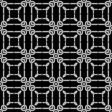 İpler ve ipler pürüzsüz desen. Siyah ve beyaz vektör arkaplanı. Dekoratif örgü süslemeleri tekrarla. Kablo örgüleri, ipler, ipler, çiçekler, şekiller, çizgiler ile el çizimi çiçek tasarımı.