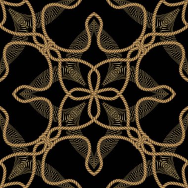İpler pürüzsüz. Modern süs vektörü Yunan arka planı. Çiçekli altın telli süslemeleri tekrar et. İpler, ipler, düğümler, Yunanca anahtar, kıvrımlı, çiçekli el yapımı desenli tasarım..