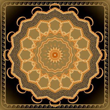 Yuvarlak mandala ve kare kare. Halat deseni. Vektör süsleme arka planı. Yunan kabilesinin etnik arka planı. İplerle, iplerle, iplerle, Yunanca anahtarlarla, dairelerle, dalgalarla, çiçeklerle süslenmiş çiçek süsü..