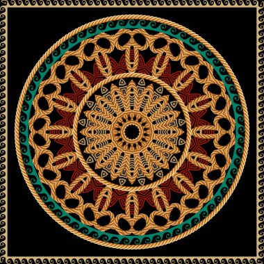 Yuvarlak mandala ve kare çerçeveli, pürüzsüz desen. Vektör süsleme arka planı. Yunan tarzı etnik yineleme arka planı. Halatlarla, tellerle, Yunanca anahtarla, dairelerle, dalgalarla güzel süsler..