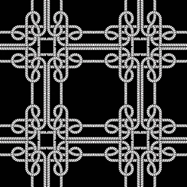 ロープや文字列のシームレスなパターン 黒と白のベクトル背景 繰り返し再生タータンニット装飾 ケーブルニット ロープ ストリング ストライプ ノット付き手描きテクスチャデザイン — ストックベクタ