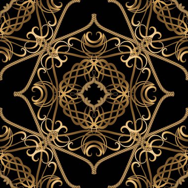 Pürüzsüz, desenli bir lüks. Klasik süs ipleri arka planı. Vektör altın ipler ve ipler Arap süsü. İpli, ipli, telli, çizgili el çizimi çiçek tasarımı. Arabesk arkaplanını tekrarla.