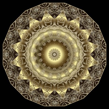 Altın çiçek. 3 boyutlu mandala deseni. Süslü vektör arka planı. Klasik çiçeklerle, yapraklarla, soyut zikzak şekilleriyle, dairelerle süslü çiçekli altın bir süs. Rosette. Güzel lüks dekoratif tasarım.