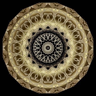 Altın çiçek. Barok tarzı 3D mandala deseni. Süslü vektör arka planı. Klasik çiçeklerle, yapraklarla, soyut şekillerle, dairelerle süslü çiçekli altın bir süs. Rosette. Güzel lüks tasarım.