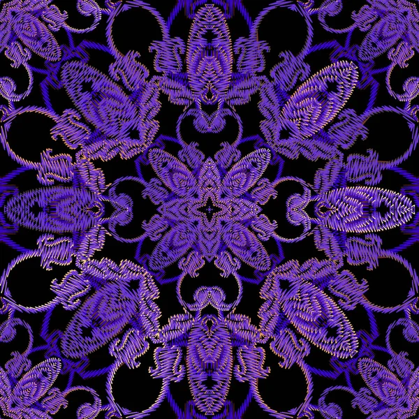 タペストリーシームレスパターン ベクトル装飾テクスチャの背景 バロック様式のバイオレット花ダマスク装飾 刺繍デザイン 無限のテクスチャを模索 刺繍の花 — ストックベクタ