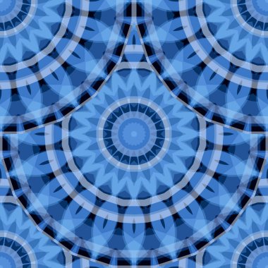 Çiçekli, yuvarlak, pürüzsüz mandalalar. Süslü vektör renkli arka plan. Geometrik dekoratif mavi arkaplanı tekrar et. Çiçekler. Radikal şekiller, çizgiler, daireler. Kabile etnik tarzı fayanslı süsler.