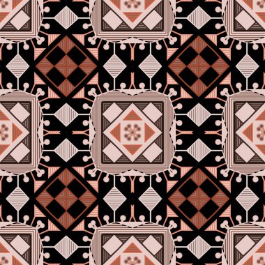 Geometrik dikişsiz desen. Rengarenk ekoseli ekose arka plan. Geometrik tekrarlama arkaplanı. Kabile etnik tarzı süs. Geometri şekilleri, çizgiler, üçgenler, kareler, dikdörtgenler, eşkenarlar.