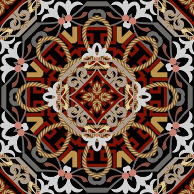 Pürüzsüz, desenli bir lüks. Klasik süs ipleri arka planı. Vektör altın ipler ve ipler Arap süsü. Çiçekli, ipli, telli, çizgili çiçek tasarımı. Yunan stili arkaplan tekrarla.