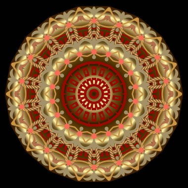Lüks altın 3d mandala deseni. Süslü yüzey rozeti. Yuvarlak çiçekli altın süs. Yunan anahtarıyla süslenmiş güzel bir tasarım. Yolgezerler, çiçekler, yapraklar, şekiller, daireler. Vektör illüstrasyonu.