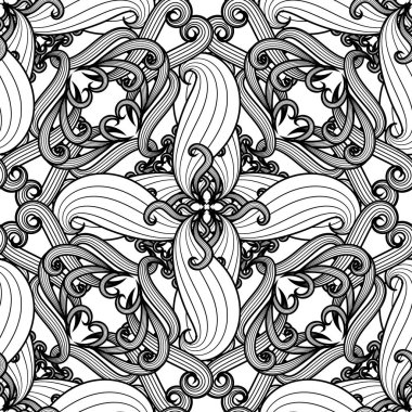 Siyah beyaz çizgili kusursuz bir sanat eseri. Çiçek Motifleri. Karmaşık Çiçekler, Yapraklar, çizgiler. Doodle Line stilinde soyut arkaplan. Sonsuz doku. Boyama Kitabı Sayfası. Vektör İlişkisi İllüstrasyonu.
