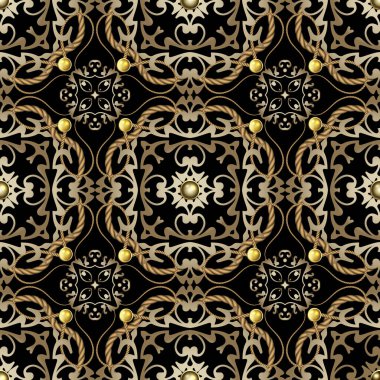 Dikensiz desenli çiçek deseni. Klasik lüks arka plan. Vektör altın barok tarzı süs. Çiçekli, yapraklı, ipli, ipli, ipli, 3D altın düğmeli Damask altın tasarımı. Dekoratif arkaplan tekrarı.