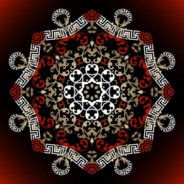 Çiçekli, yuvarlak mandala deseni. Klasik süs arka planı. Vektör altın barok tarzı süs. Arabesk rengarenk tasarımı. Çiçekler, yapraklar, Yunanca anahtar, dolambaçlı yollar. Desenli arkaplan.