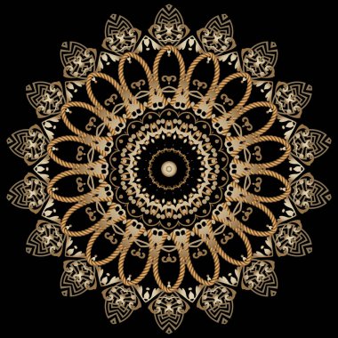 Dokulu Yunan mandala deseni. Etnik bir geçmişi var. Çok güzel yuvarlak bir süs. Klasik altın çiçekleri, yaprakları, ipleri, ipleri, şekilleri olan çiçek desenli bir tasarım. Yunan anahtarı, avare.