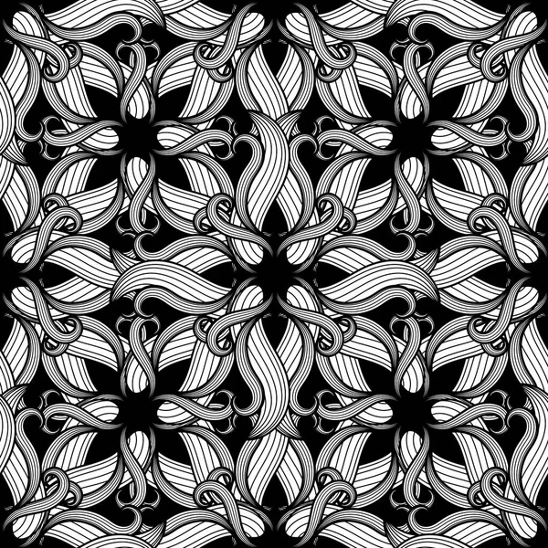 Schwarz Weiße Linienkunst Seamless Pattern Florale Motive Komplizierte Blumen Blätter — Stockvektor