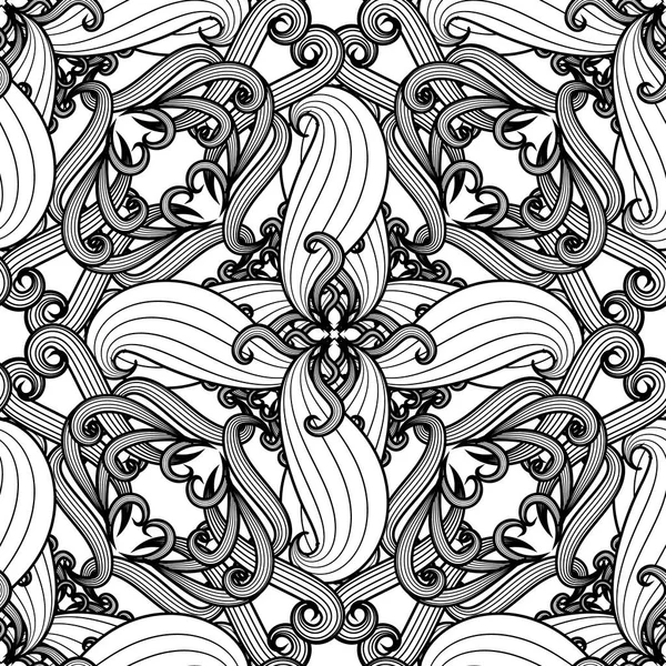 Schwarz Weiße Linienkunst Seamless Pattern Florale Motive Komplizierte Blumen Blätter — Stockvektor