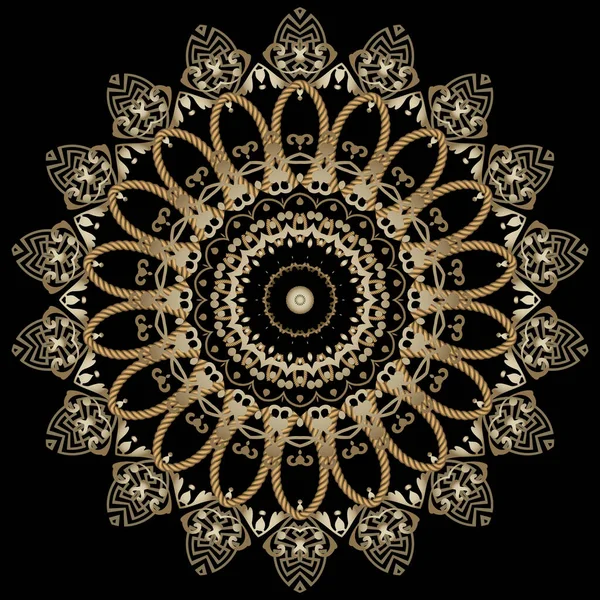 テクスチャギリシャマンダラパターン パターン化された民族的背景 ベクトル美しいラウンドオーナメント ヴィンテージゴールドの花 ロープ 文字列 形状を持つ花の華やかなデザイン ギリシャ語のキー — ストックベクタ