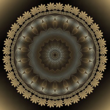 Çiçekli altın çizgiler 3d mandala deseni. Yüzeysel süs arka planı. Vektör modern fon. Çizgi sanatı efektlerle süslenmiş yuvarlak bir süs. Lüks çiçekler, geometrik şekiller, Yunanca anahtar, kıvrım, çerçeve.