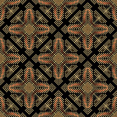 Altın rengi yarım tonlu, pürüzsüz desen. Vektör noktalı arkaplan. Arka planı tekrar et. Grunge yarım ton süsü etrafında parıltılar, noktalar, kıvrımlar ve puanlarla dönüyor. Modern Yunan tarzı tasarım. Sonsuz doku.