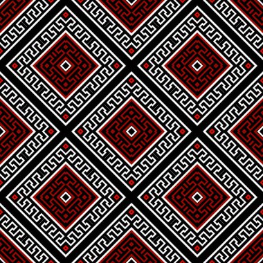 Renkli, etnik, pürüzsüz bir model. Rhombus çerçeveleri, sınırlar. Vektör siyah beyaz arka plan. Yunan anahtarı, avare. Eşkenar dörtgen şekilli soyut geometrik süslemeler, labirentler, çizgiler. Tasarımı tekrarla.